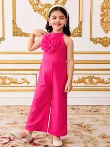 SHEIN Young Girl's Sleeveless Jumpsuit With Elegant Organza 3D Floral Decoration & Stand Collar