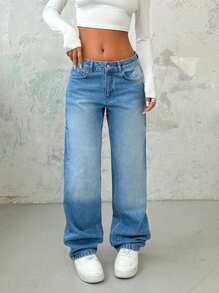 EURMUSE Jean recto de talle bajo con detalles de parches - Azul lavado medio - Ver 3