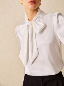 Poéselle Tie Neck Lantern Sleeve Blouse - White - View 4