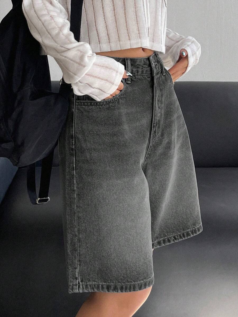 DAZY 女士夏季休闲牛仔短裤 - 深灰色 - 查看 1