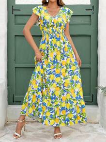 SHEIN Clasi Summer Holiday Outfits  Women's Elegant Shirred Cap Sleeve Elastic Waist Fruit Print Dress, Spring/Summer Beach Resort Dress Summer Dresses For Women Beach Outfits For Woman Maxi Dresses For Women Fall/Winter Women Clothes Back To School Modest Vintage Old Money Teacher Outfits For Women Airport Wedding Guest Dress Women Birthday Dresses For Women Club Outfit Halloween Costumes - Multicolor - View 4