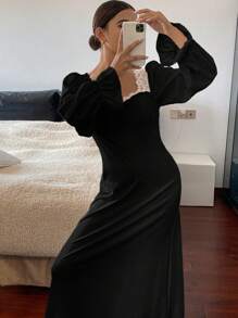 DAZY Romantic Lace Patchwork Wide Collar Cinched Waist Ruffle Sleeve Maxi Nightgown Pajama - Black - View 5