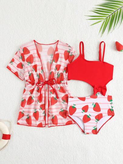 SHEIN 2 件套女婴泳装，可爱草莓印花带蝴蝶结装饰连体泳衣和沙滩罩衫