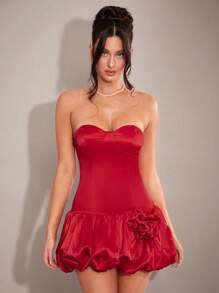 SHEIN BAE Women's Red Summer 70's Party Dress, Date Night Bustier Style Backless Tie Fitted Floral Hem Elegant Lady Dress,Formal Bridesmaid Gathering - Red - View 4
