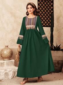 SHEIN Leap Crew Teen Girl Green Patchwork Print Pattern Tassel Hem Casual Dress - Green - View 5