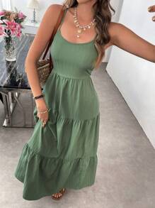 Sylviya Váy dài buộc nơ giản dị cho nữ mùa xuân/hè - màu xanh lá - Xem 6