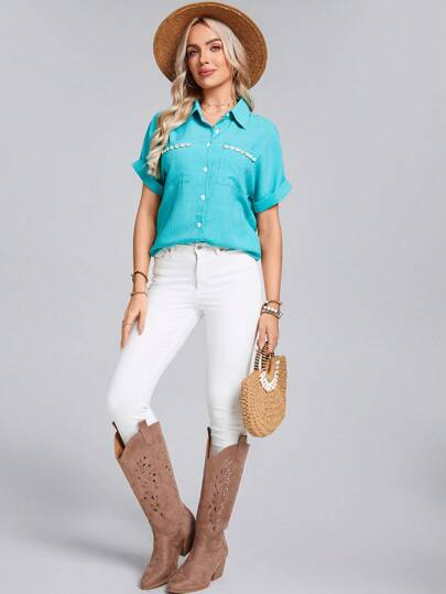 SHEIN LUNE Women Single Breasted Pocket Shell Trim Short Sleeve Casual Shirt