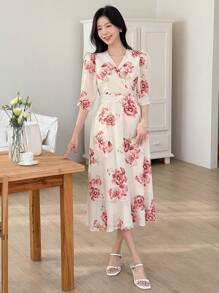 DAZY Rochie elegantă și feminină din șifon cu flori mari pentru femei, ținute de vacanță cu imprimeu floral, stil boho - roșu - Vizualizare 3