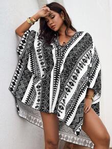 SHEIN Swim 1 chiếc áo choàng bằng vải chiffon dành cho nữ, họa tiết kỹ thuật số hình học trừu tượng, thích hợp mặc đi biển, ở nhà, thường ngày, tiệc tùng, nghỉ dưỡng, xuân/hè - Nhiều màu - Xem 4