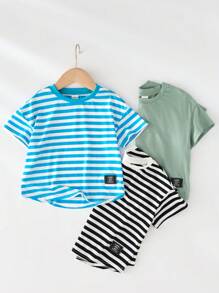SHEIN 3 Packs Young Boys Buy Two Get One Free Boys' Leisure College Japanese And Korean Street Fashion Versatile Breathable Comfortable Striped Net Color Short Sleeved T-Shirt Multi Piece Set