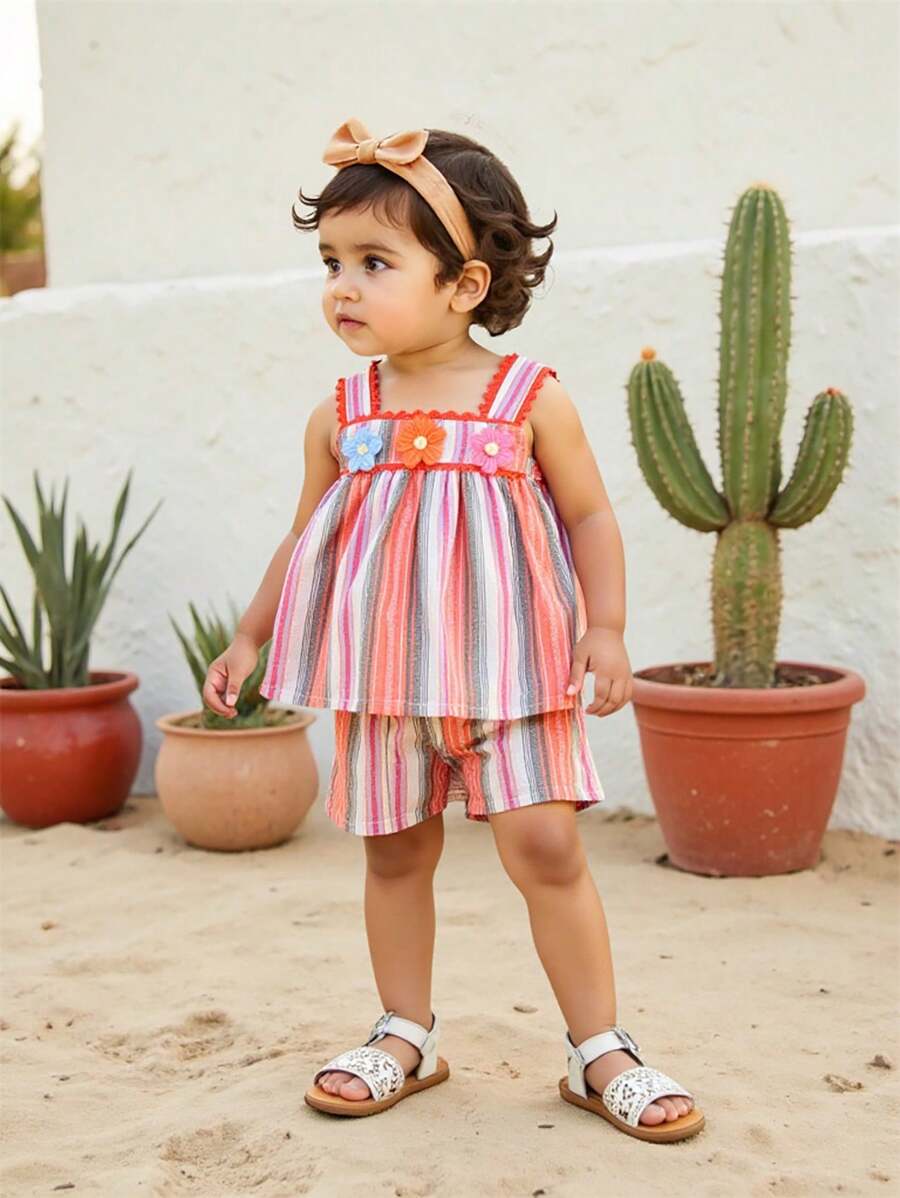 Cozy Pixies 2pcs/Set Baby Girl Colorful Striped Floral Trim Sleeveless Top And Elastic Waist Shorts Set
