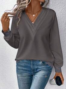 SHEIN LUNE Solid V Neck Sweatshirt Pullover Fall Sweatshirt - Dark Grey - View 1