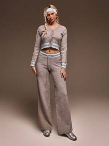 MUSERA Knit Open V-Neck Button Down Contrast Trim Cropped Cardigan Only Spring Summer Cute Airport Chic - Light Grey - View 5