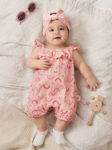 Cozy Pixies Newborn Baby Girls Rainbow Pattern Square Neck Ruffle Hem Sleeveless Romper - Pink - View 4