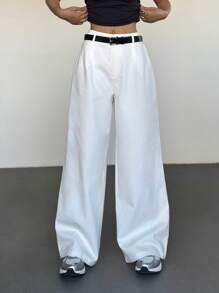 SHEIN EZwear New Spring/Summer Solid White Wide Leg Pants With Belt - White - View 3