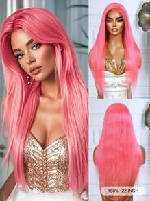 Hot Pink 13x4 Lace Front Human Hair Wigs For Women Transparent Lace Long Straight Remy Hair Daily Party Vacation All Day Wear 150% Density 22 Inches