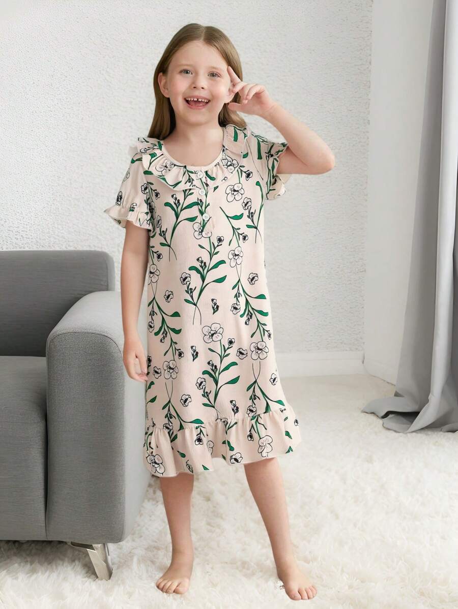 SHEIN 1 件装 女童宽松格子荷叶边舒适睡衣长款睡袍 - 彩色 - 查看 1