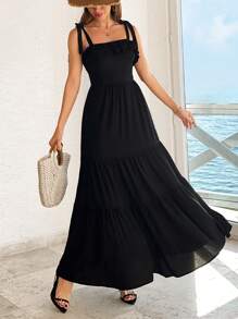 EURMUSE Women's Solid Ruffle Detailed Maxi Dress - Black - View 2