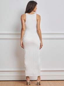 MaterniWear Maternity Work/Office Solid Color Textured Round Neck Fitted Tank Dress - White - View 2