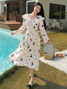 DAZY 女式 V 领荷叶边全印花长袖花卉连衣裙，秋季连衣裙 - 白色 - 查看 3
