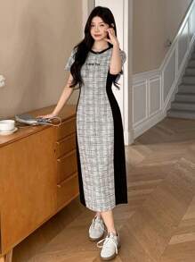 DAZY Women's Colorblock Plaid Round Neck Short Sleeve Dress - Black - View 1