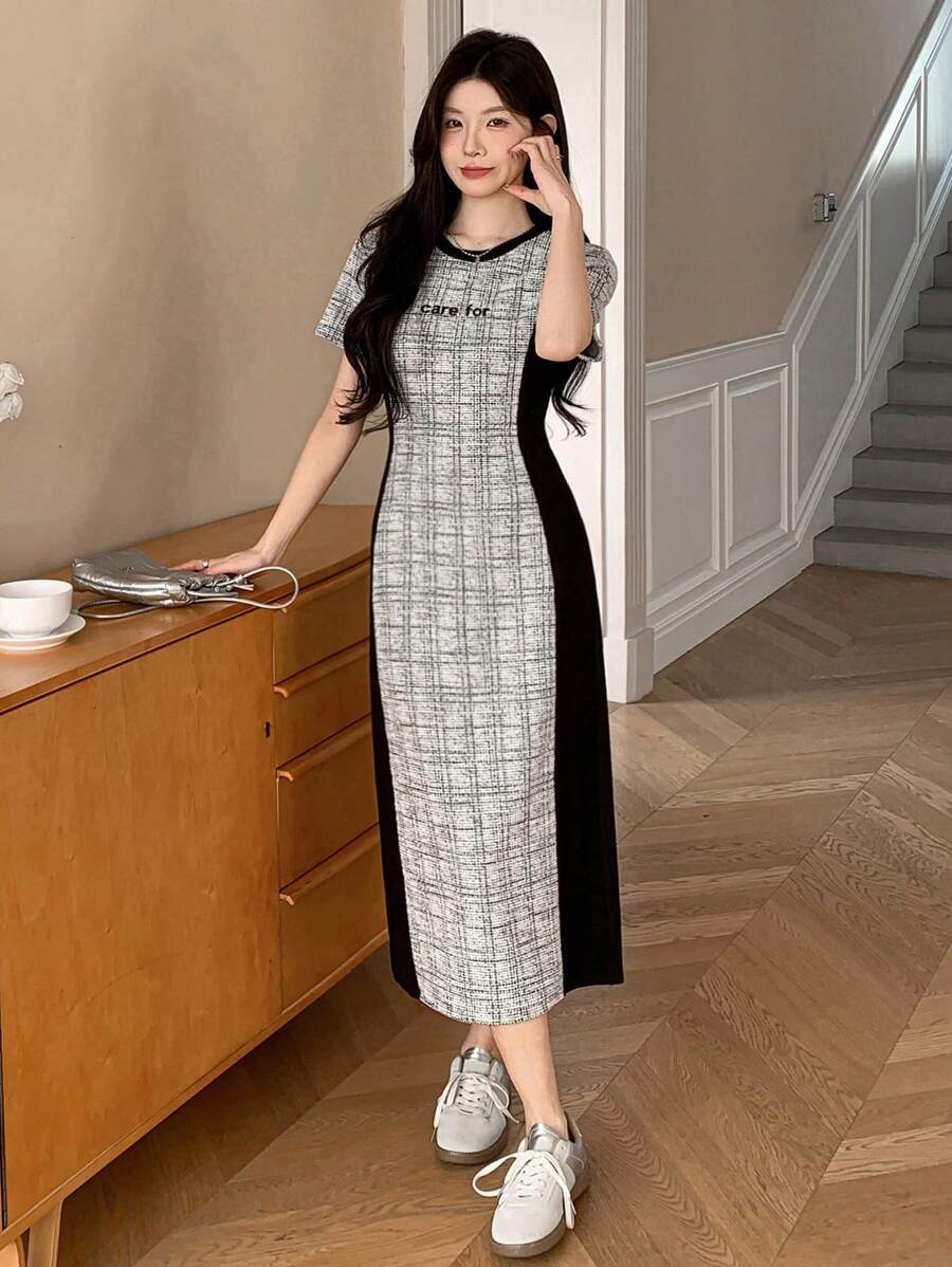DAZY Women's Colorblock Plaid Round Neck Short Sleeve Dress - Black - View 1