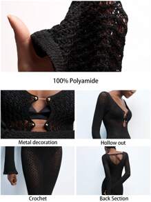 Maija Valentine's Day Ladies Spring And Summer New Style Black Crocheted Hollow Sexy Waist Tight Metal Buckle Elegant Modern Urban Daily Casual Long Dress Suitable For Going Out Festival Party Date Outfit Party Wedding Music Festival 90s Women's Clothing Bohemian Old Money - Black - View 3