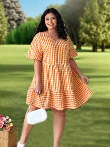 SHEIN EZwear Orange Plaid Short Sleeve V-Neck Plus Size Dress, Casual Vacation Summer /Spring,Elegant Vacation Outfits Woman Casual Wedding Guest Dress, Sun Dress