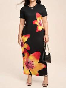 SHEIN LUNE Plus Size Floral Print Dress, Casual Holiday Style Summer Outfits For Women Maxi Dresses For Women Office Outfits For Women Boho/Bohemian,Resort Dresses, 
 Outdoor Essential For Daily Wear Sundress