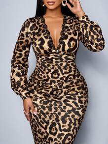 大码女式撞色蕾丝豹纹深 V 灯笼袖修身中长连衣裙超长款女装 - 棕色 - 查看 4