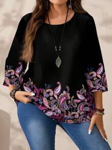 EMERY ROSE Plus Size Women Casual Versatile Paisley Print Full Coverage Round Neck Loose 3/4 Sleeve Blouse, Suitable For Spring & Summer Fall Clothes Chic Blouses For Women - Black - View 2
