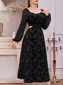Modelyn Vestido largo elegante de manga larga con parches de malla y decoración de cristales para mujeres - Negro - Ver 5