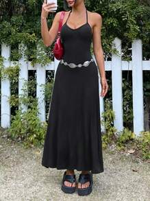 Muchica Western V-Neck Halter A-Line Long Dress, Summer - Black - View 5