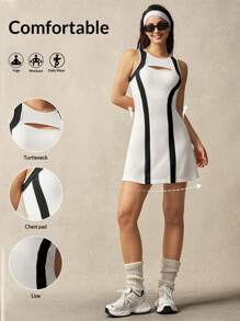 VARSITIE Round Neck Long Sleeve Color Block Mesh Patchwork Fitted Mini Tennis Dress - White - View 5