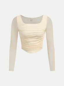 SHEIN Girlism Teen Girl 2pcs Set: Plain Mesh Ruched Square Neck Long Sleeve Top And Skirt - Apricot - View 7