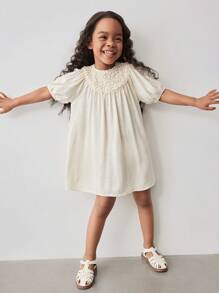 Maija Kids Maija Kids Young Girl Loose Casual Solid White Puff Sleeve Dress - Apricot - View 1