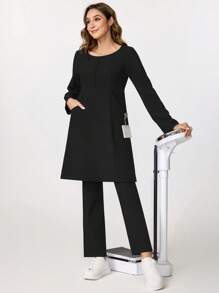 TaskEZ Women's Solid Color Round Neck Long Sleeve Pocket Top And Trousers, Scrub Uniform Set - Black - View 3