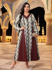 Al Najma Plus Size Women Geometric Print V-Neck Long Sleeve Arabic Style Dress