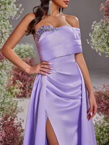 Glamrae Spring And Summer Elegant, Gorgeous And Romantic Lavender Asymmetric Off The Shoulder Pleated Luxury Rhinestone Splicing Mermaid Slit Hem Splicing Oversized Floating Pieces Wedding Guest Dress, Suitable For Dinner Bachelor Party Lovers Date Vacation Back To School Season Prom Wedding Season Evening Dress, Formal Dress,Gown