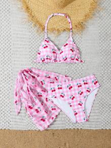Tween Girl Summer Boho Gingham And Cherry Print Bikini Swimsuit - Multicolor - View 4