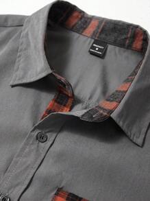Manfinity Homme Camisa de manga larga a cuadros con parches y bolsillo para hombre, otoñal