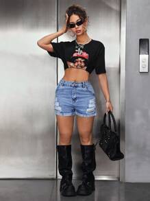 SHEIN PETITE 女士口袋细节做旧卷边休闲牛仔短裤