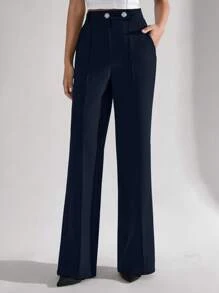 SHEIN Tall Women Solid Color Mid Waist Wide Leg Black Business Long Pants With Button Details