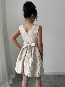 SHEIN Unity Women Elegant Solid Color Jacquard Sleeveless Short Casual Dress - Apricot - View 2