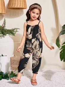 SHEIN Young Girl Woven Tropical Print Jumpsuit,Kids - Black - View 5