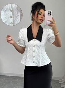 Elenzga Women's Contrast Color Floral Jacquard Short Puff Sleeve Blouse - White - View 1