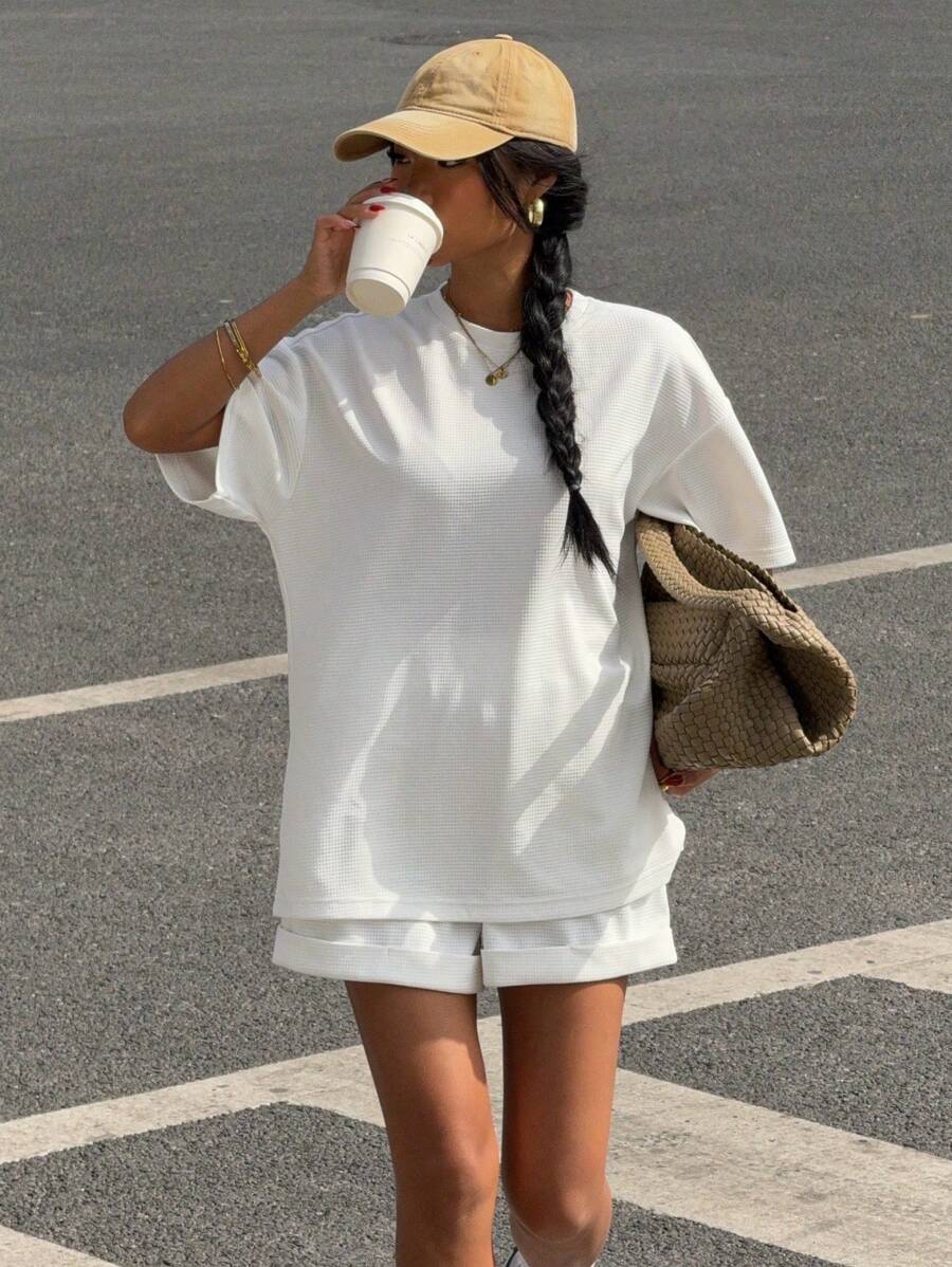 Muchica Women's White Waffle Knit Oversized T-Shirt And Shorts Set: Casual Two-Piece Outfit