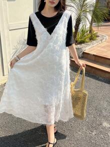 DAZY Women 2-In-1 Short Sleeve Patchwork Feather Color Block Mini Dress Sundress,Casual Women Dresses
