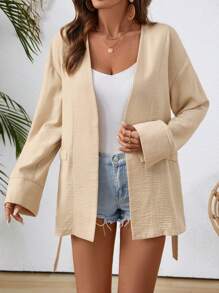 Breezaya Women's Elegant Open Front Long Sleeve Tie Waist Pockets Loose Thin Blazer For Spring & Summer - Khaki - View 3