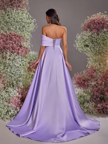 Glamrae Spring And Summer Elegant, Gorgeous And Romantic Lavender Asymmetric Off The Shoulder Pleated Luxury Rhinestone Splicing Mermaid Slit Hem Splicing Oversized Floating Pieces Wedding Guest Dress, Suitable For Dinner Bachelor Party Lovers Date Vacation Back To School Season Prom Wedding Season Evening Dress, Formal Dress,Gown